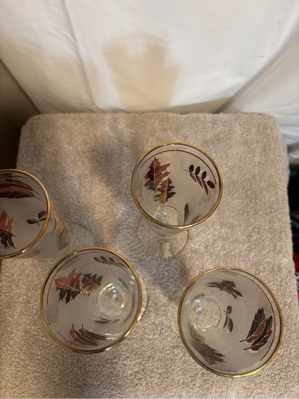 Libbey Frosted Glass Flutes with Gold and Brown Leaf Motif - Set of 4